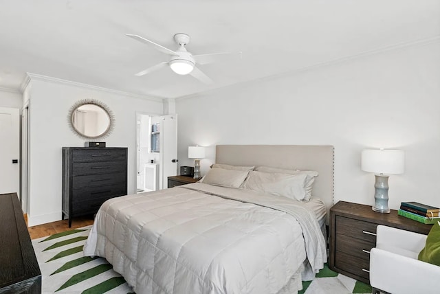 233 E 69th St Unit 11-B, New York City, NY 10021 - bedroom with crown molding, wood finished floors, and ceiling fan