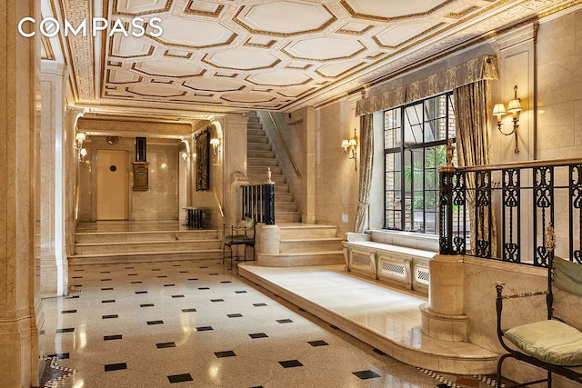 201 W 89th St Unit 2F, New York City, NY 10024 - community lobby with an ornate ceiling, crown molding, and stairway