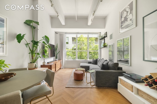 184 Kent Ave Unit B404, New York City, NY 11249 - living area with beam ceiling, plenty of natural light, and track lighting