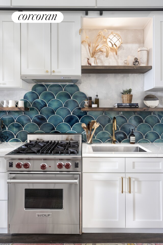 61 Engert Ave Unit 1, New York City, NY 11222 - kitchen featuring luxury range, open shelves, decorative backsplash, and a sink