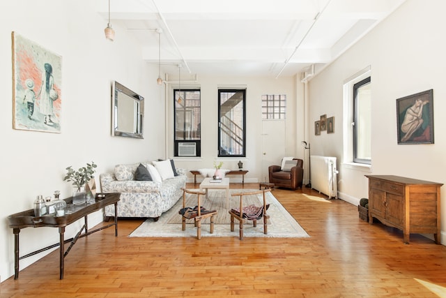 109 W 26th St Unit 8B, New York City, NY 10001 - living room featuring radiator heating unit, light wood-style floors, and beamed ceiling