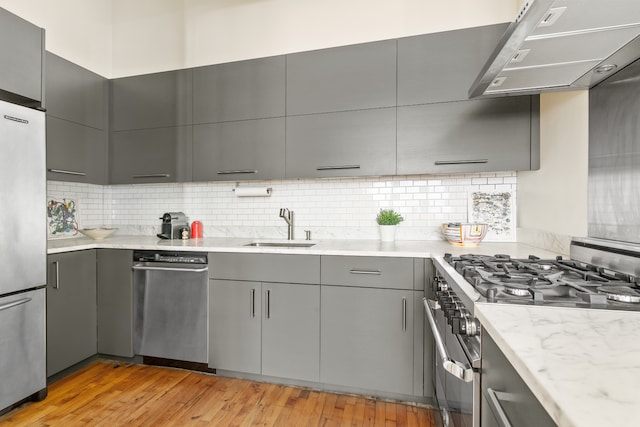109 W 26th St Unit 8B, New York City, NY 10001 - kitchen featuring stainless steel appliances, ventilation hood, gray cabinetry, light wood-type flooring, and backsplash