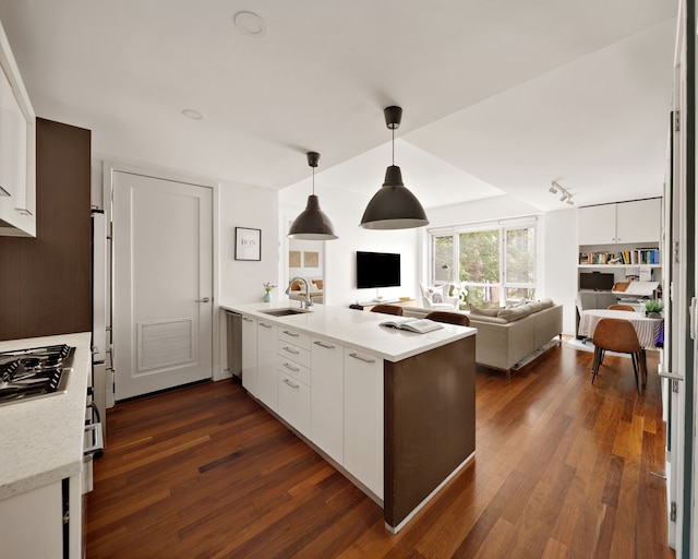 125 N 10th St Unit N2D, New York City, NY 11249 - kitchen featuring a sink, a peninsula, white cabinetry, and dark wood-type flooring