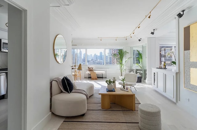 401 E 86th St Unit 18C, New York City, NY 10028 - living area featuring a view of skyline, baseboards, and track lighting