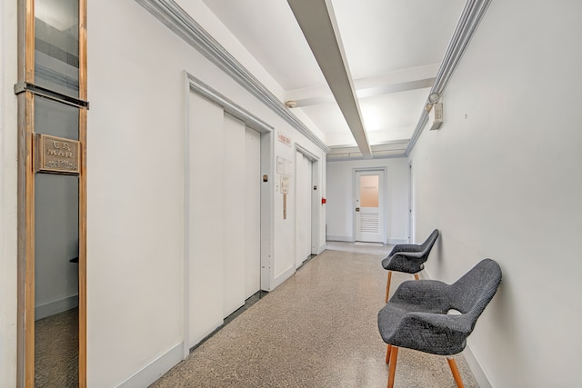 115 E 61st St Unit 10A, New York City, NY 10065 - hall featuring beamed ceiling, coffered ceiling, and speckle patterned floor
