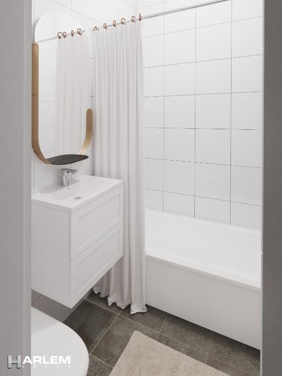 157 W 123rd St Unit 2H, New York City, NY 10027 - full bath featuring vanity, shower / bathtub combination with curtain, and toilet