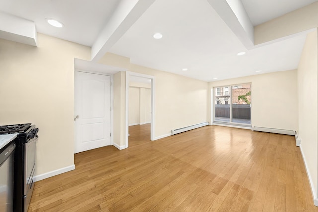 30-63 38th St Unit 2C, New York City, NY 11103 - unfurnished living room featuring a baseboard radiator, light wood-style floors, baseboards, recessed lighting, and baseboard heating