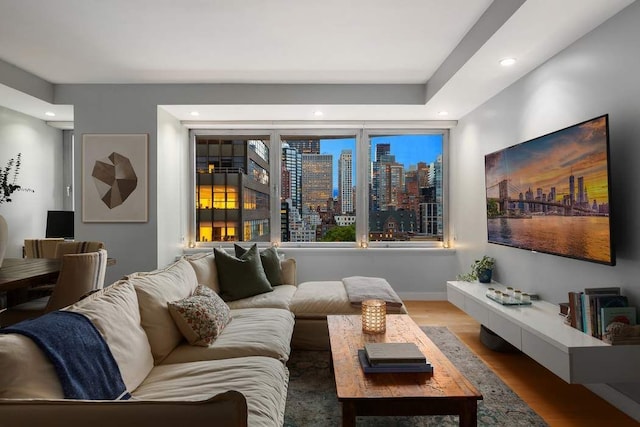 216 E 47th St Unit 12A, New York City, NY 10017 - living area with wood finished floors, recessed lighting, and baseboards