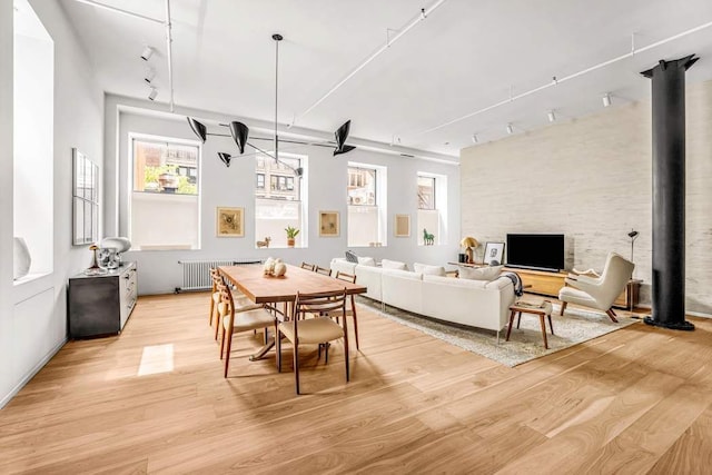 30 E 21st St Unit 3B, New York City, NY 10010 - dining area featuring light wood-style floors, a wood stove, and track lighting