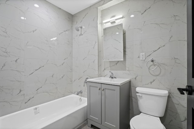 60-14 Menahan St, New York City, NY 11385 - full bathroom featuring vanity, shower / washtub combination, and tile walls