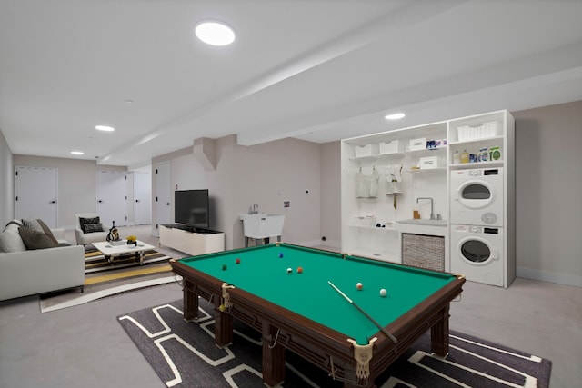 60-14 Menahan St, New York City, NY 11385 - game room featuring stacked washer / dryer, recessed lighting, and billiards