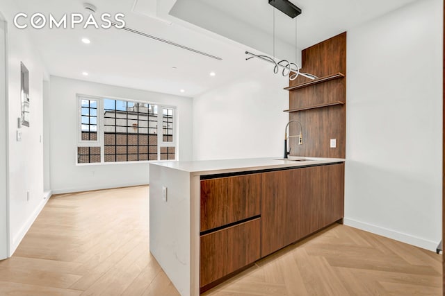 90 Herbert St Ph, Ph, New York City, NY 11222 - kitchen with open shelves, a peninsula, modern cabinets, light countertops, and recessed lighting