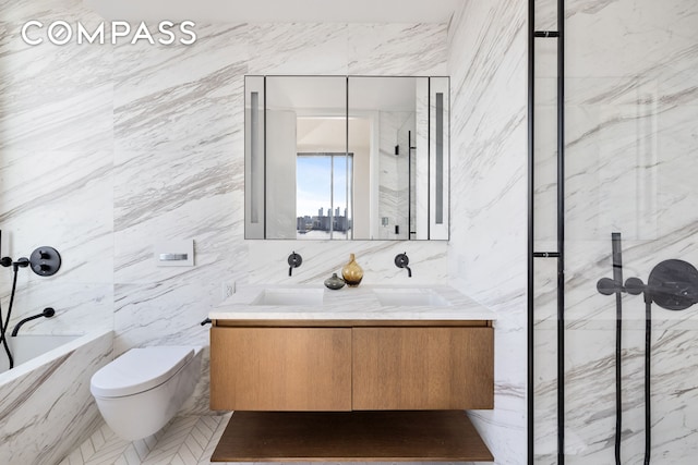 570 Broome St Unit 23A, New York City, NY 10013 - full bathroom featuring tile walls, double vanity, and a combined bath / shower with marble appearance