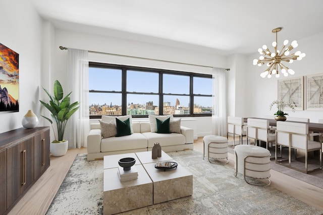 180 W End Ave Unit 30R, New York City, NY 10023 - living area with wood finished floors, a chandelier, and a view of city