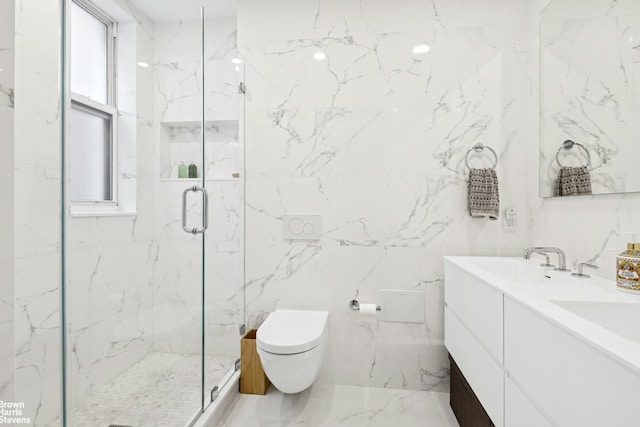 780 W End Ave Unit M1, New York City, NY 10025 - full bath featuring a marble finish shower, double vanity, and tile walls