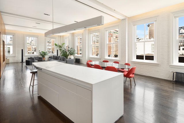 43 W 13th St Unit 7R, New York City, NY 10011 - kitchen featuring modern cabinets, radiator, dark wood-style flooring, and white cabinetry