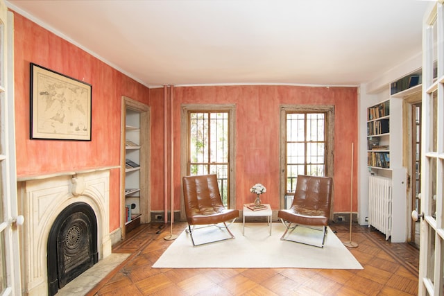 69 Orange St Unit 1, New York City, NY 11201 - living area with radiator heating unit, built in shelves, crown molding, and a fireplace with flush hearth