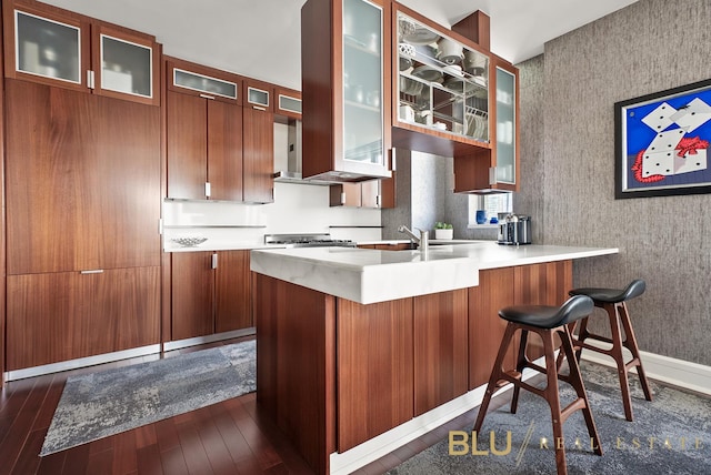 60 Riverside Blvd Unit 2403, New York City, NY 10069 - kitchen featuring a peninsula, dark wood finished floors, light countertops, glass insert cabinets, and wallpapered walls
