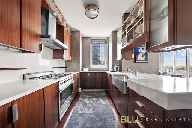 60 Riverside Blvd Unit 2403, New York City, NY 10069 - kitchen featuring range with gas cooktop, wall chimney exhaust hood, plenty of natural light, and light countertops