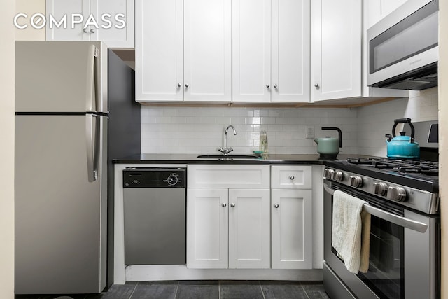 680 81st St Unit 3D, New York City, NY 11228 - kitchen featuring stainless steel appliances, white cabinets, a sink, and dark countertops