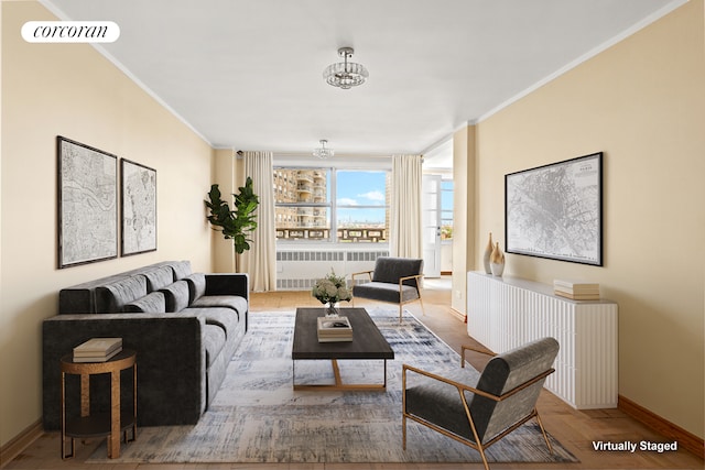 1311 Brightwater Ave Unit 14B, New York City, NY 11235 - living area with baseboards, ornamental molding, wood finished floors, and a chandelier