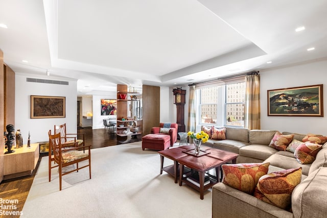 54 Riverside Dr Unit 9D, New York City, NY 10024 - living room featuring a raised ceiling, recessed lighting, and wood finished floors