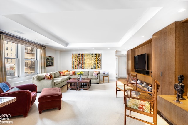 54 Riverside Dr Unit 9D, New York City, NY 10024 - living area with a tray ceiling, light colored carpet, recessed lighting, and wooden walls