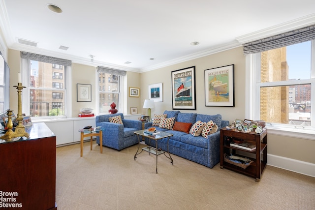 54 Riverside Dr Unit 9D, New York City, NY 10024 - living area featuring ornamental molding, light carpet, and baseboards