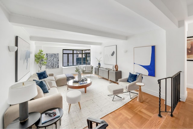 25 W 54th St Unit 8H, New York City, NY 10019 - living room with beam ceiling and baseboards