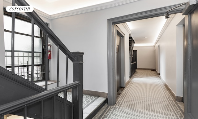 325 E 80th St Unit 1F, New York City, NY 10075 - corridor featuring crown molding, stairs, baseboards, and carpet floors