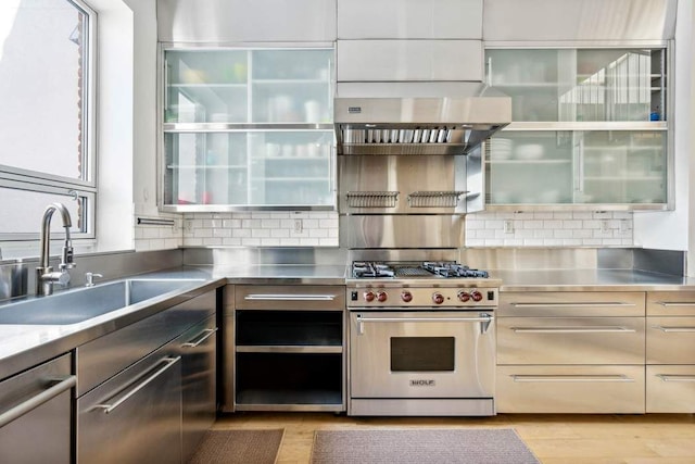 204 W Houston St Unit 4A/5A, New York City, NY 10014 - kitchen featuring stainless steel countertops, designer stove, a sink, and tasteful backsplash