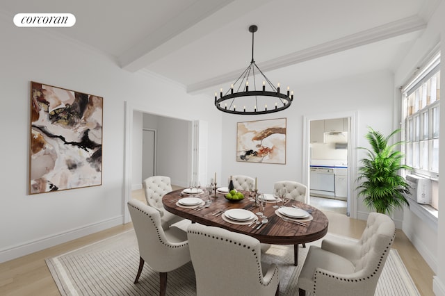 114 E 90th St Unit 5B, New York City, NY 10128 - dining space with a chandelier, light wood-style floors, beam ceiling, crown molding, and cooling unit