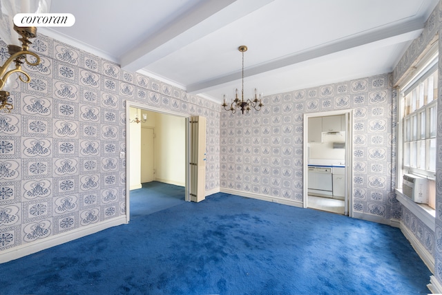 114 E 90th St Unit 5B, New York City, NY 10128 - carpeted spare room with beam ceiling, a chandelier, wallpapered walls, and cooling unit