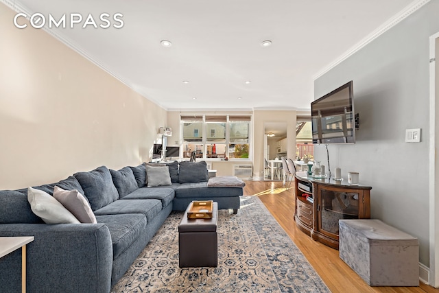 5730 Mosholu Ave Unit 4Ff, New York City, NY 10471 - living room with light wood-style floors, ornamental molding, and recessed lighting