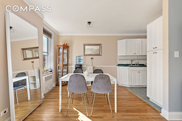 5730 Mosholu Ave Unit 4Ff, New York City, NY 10471 - dining space featuring radiator heating unit, light wood-type flooring, and crown molding