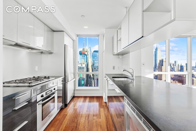 350 W 42nd St Unit 48E, New York City, NY 10036 - kitchen with stainless steel appliances, a skyline view, wood finished floors, under cabinet range hood, and recessed lighting