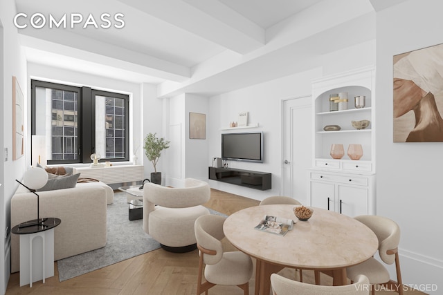 101 Wall St Unit 17A, New York City, NY 10005 - living room featuring beamed ceiling