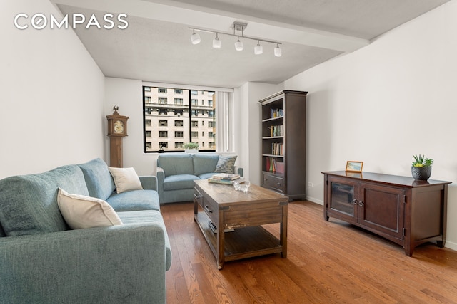 275 W 96th St Unit 12B, New York City, NY 10025 - living room featuring light wood-style flooring, rail lighting, and baseboards