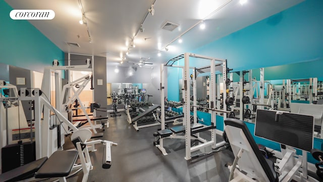 176 Johnson St Unit 2E, New York City, NY 11201 - gym featuring a ceiling fan and rail lighting