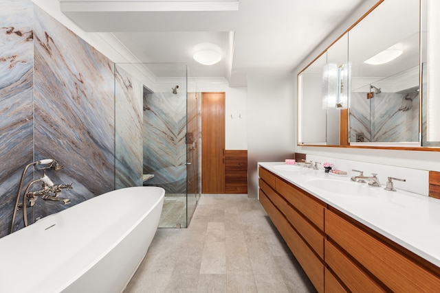 130 W 12th St Unit 9A, New York City, NY 10011 - full bathroom with a marble finish shower, double vanity, and a freestanding tub