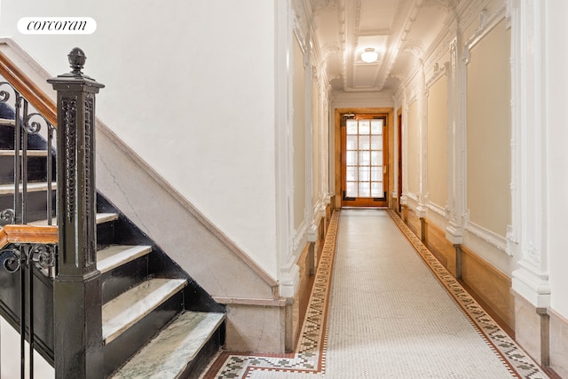 4015 7th Ave Unit 1, New York City, NY 11232 - stairs featuring inlaid floor details and crown molding