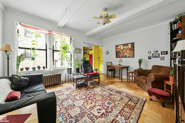155 E 91st St Unit 5C, New York City, NY 10128 - living area with radiator, beam ceiling, and a ceiling fan