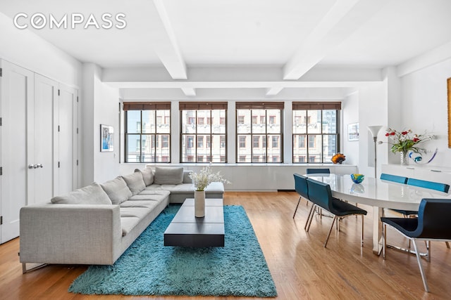 130 W 30th St Unit 16A, New York City, NY 10001 - living room with beam ceiling and wood finished floors