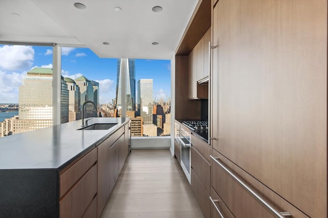 50 W St Unit 49-D, New York City, NY 10006 - kitchen featuring a sink, a city view, modern cabinets, light wood-type flooring, and recessed lighting