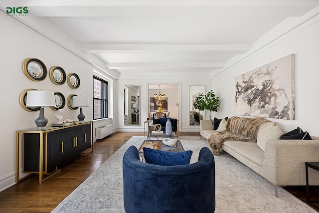 1049 Park Ave Unit 7A, New York City, NY 10028 - living room featuring radiator, a chandelier, dark wood-type flooring, beamed ceiling, and baseboards