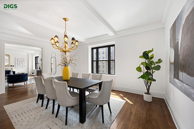 1049 Park Ave Unit 7A, New York City, NY 10028 - dining room with a chandelier, dark wood finished floors, baseboards, and beam ceiling
