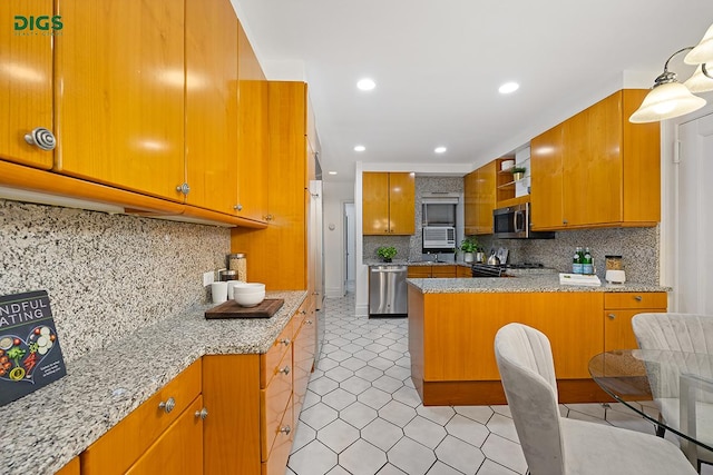 1049 Park Ave Unit 7A, New York City, NY 10028 - kitchen with stainless steel appliances, open shelves, a peninsula, brown cabinets, and backsplash
