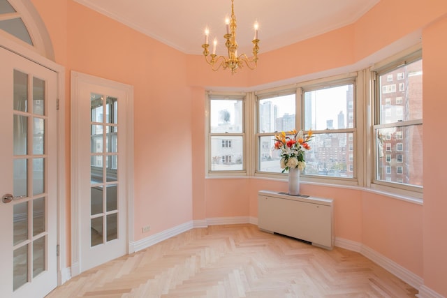 205 E 63rd St Unit 12C, New York City, NY 10065 - dining room featuring a chandelier, radiator, and crown molding