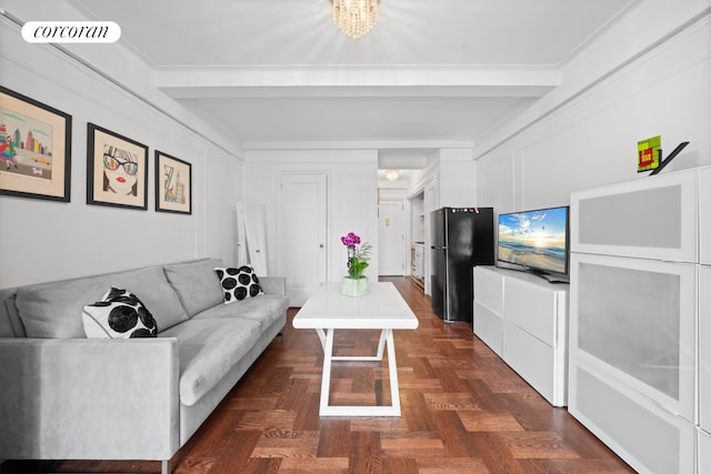 433 W 34th St Unit 15B, New York City, NY 10001 - living room featuring beam ceiling and a chandelier