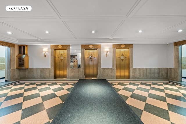 433 W 34th St Unit 15B, New York City, NY 10001 - lobby featuring recessed lighting, wainscoting, and coffered ceiling